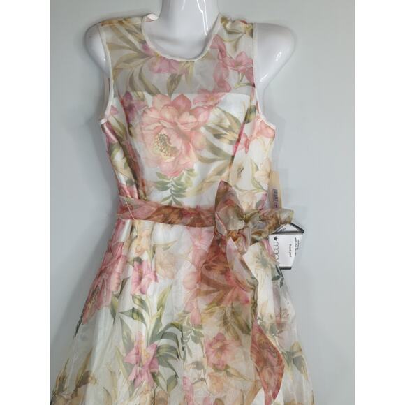 Eliza‎ J. Ivory Multi Floral Illusion Neck Belted Evening Dress Womens 6P NWT - Picture 4 of 16